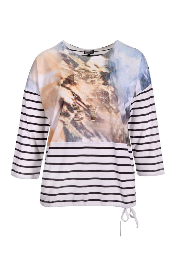 T-shirt artistique avec imprimé abstrait et détails rayés, manches 3/4, coupe droite, confortable et moderne.
