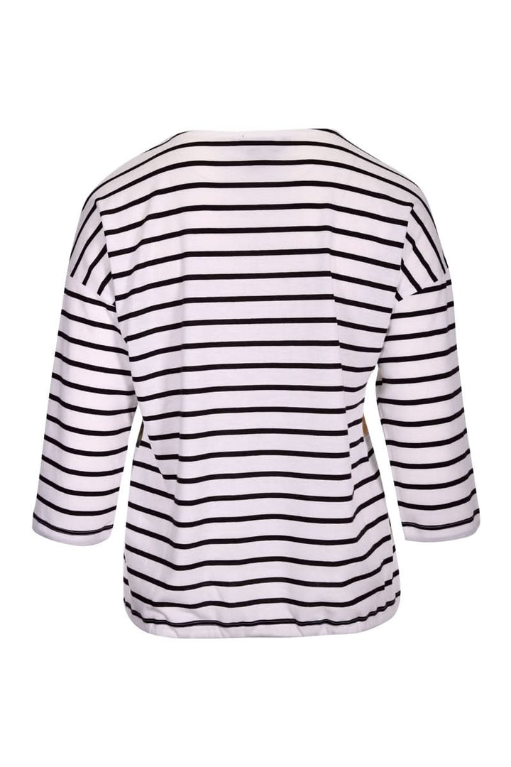 Vue arrière du T-shirt artistique rayé avec manches 3/4, style moderne et confortable.