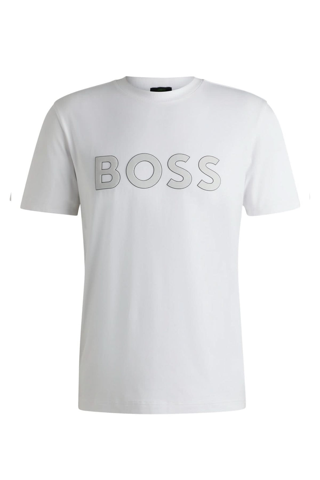 T-shirt blanc avec logo BOSS brodé en relief, col rond classique et manches courtes pour un look casual.