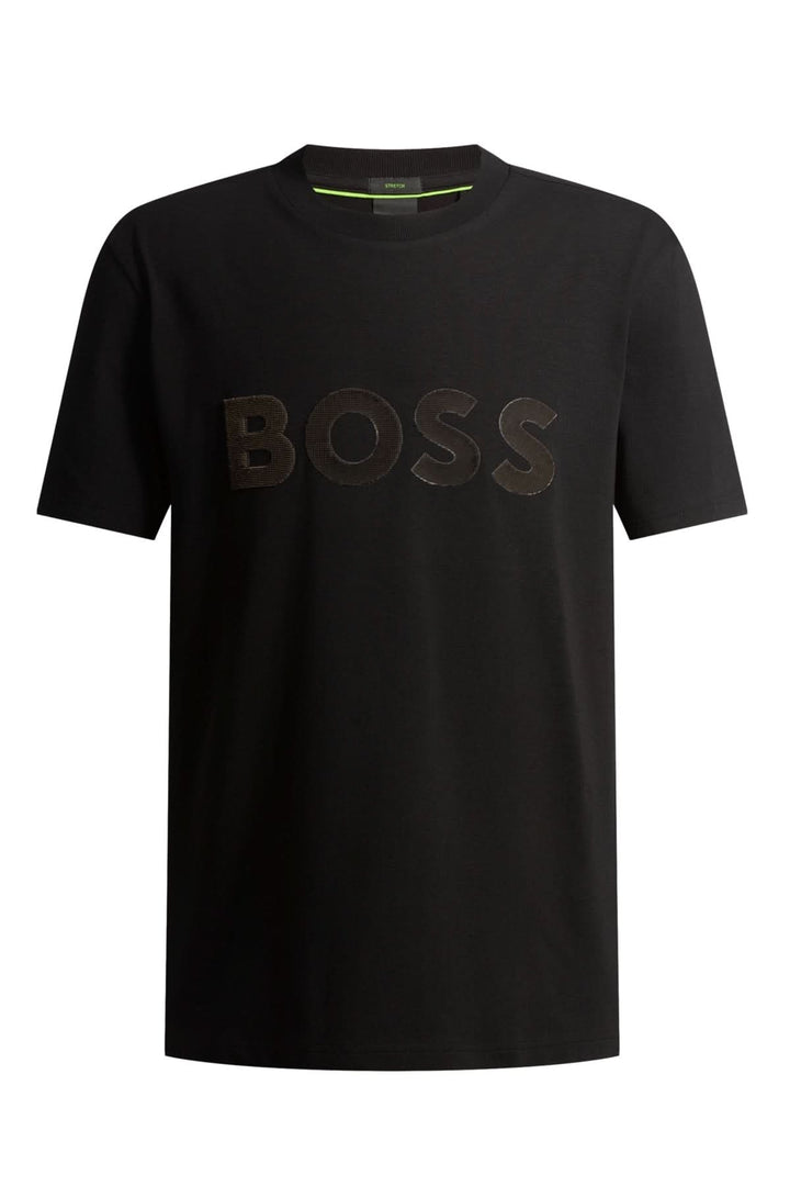 T-shirt noir avec logo BOSS texturé en relief, confortable et moderne, manches courtes, col rond.