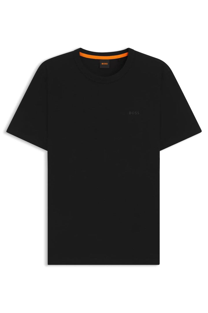 T-shirt noir en coton avec logo Boss brodé, coupe droite et col rond classique.
