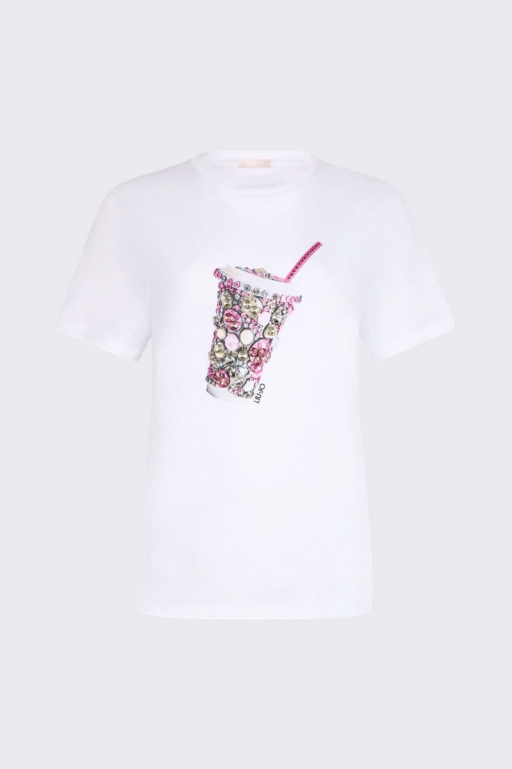 T-shirt blanc avec motif décoratif original sur le devant, manches courtes et encolure ronde, tissu doux et confortable.