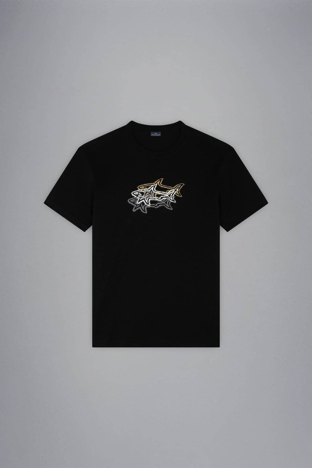 T-shirt noir avec impression de 3 requins colorés, idéal pour l&