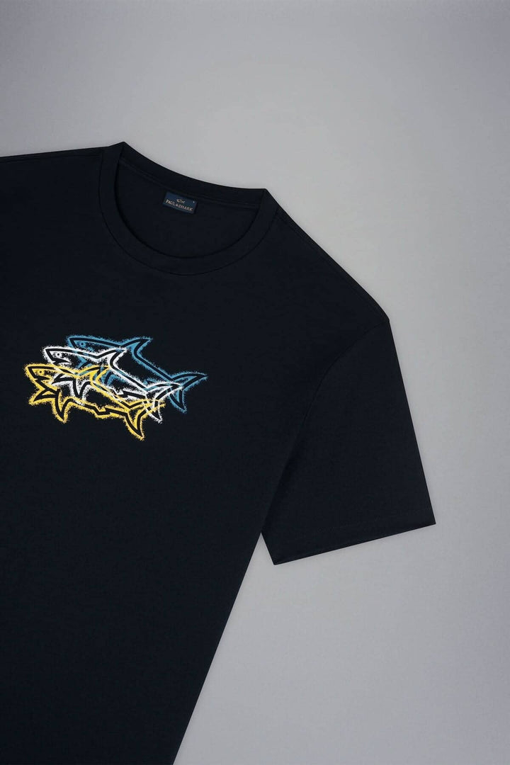 T-shirt noir avec impression de trois requins colorés de la marque Paul &amp; Shark, en pur coton biologique.