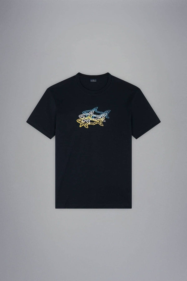 T-shirt noir en coton biologique avec impression de 3 requins, logo Paul &amp; Shark, style décontracté.