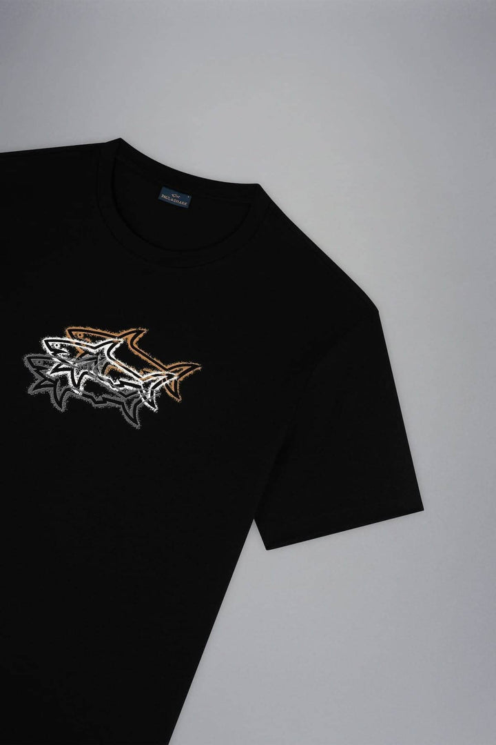T-shirt noir Paul &amp; Shark avec motif 3 requins en impression graphique, style décontracté.
