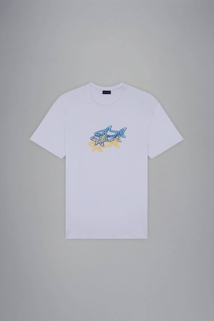 T-shirt blanc avec impression de 3 requins colorés, 100% coton biologique, style Paul &amp; Shark.