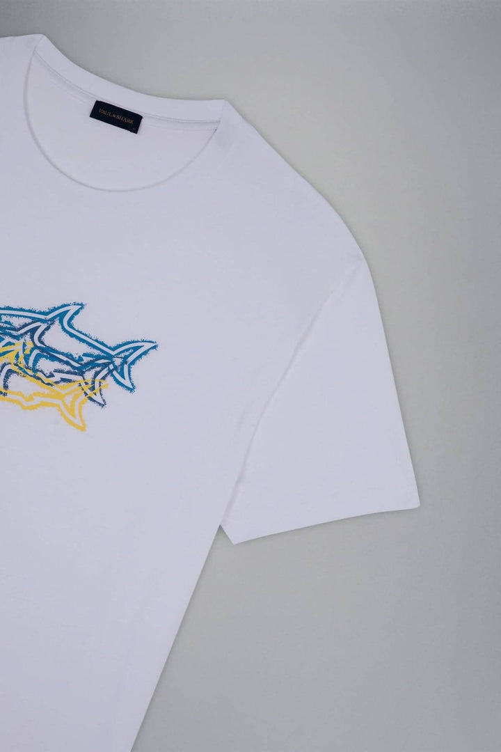 T-shirt blanc avec motif de 3 requins colorés sur le devant, fabriqué en coton biologique.