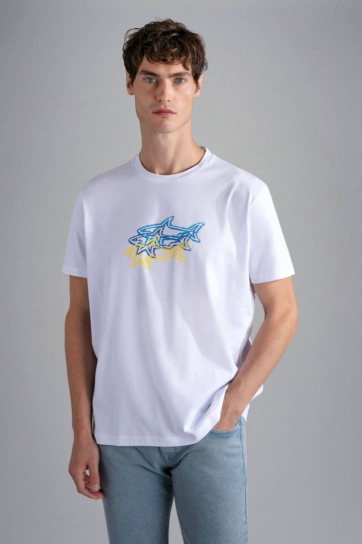 T-shirt blanc Paul &amp; Shark avec imprimé de 3 requins, fabriqué en coton biologique, idéal pour l&