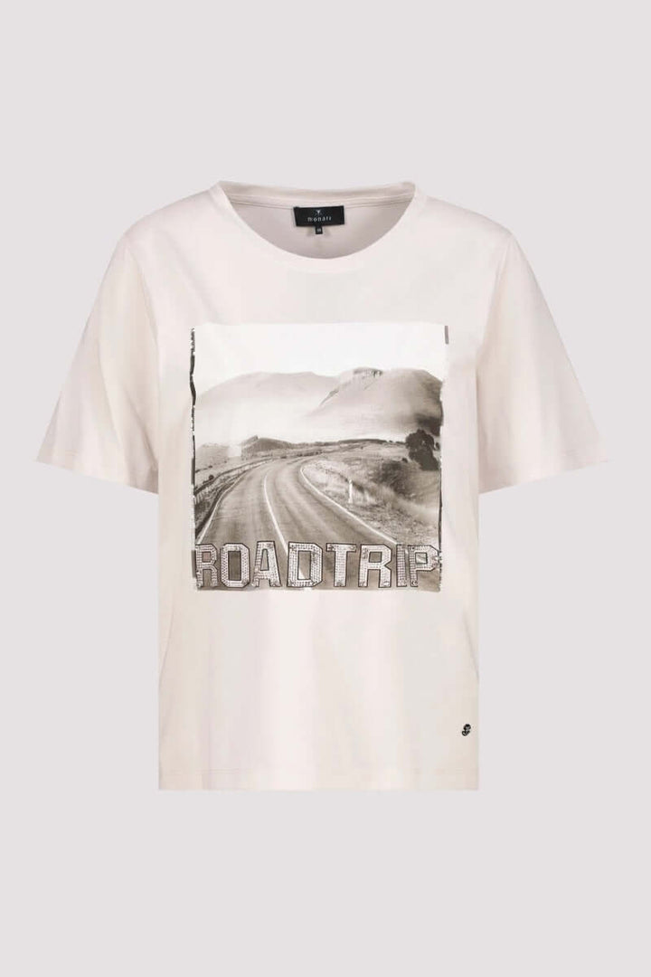 T-shirt à manches courtes avec imprimé photo 'road trip' sur le devant, style décontracté.
