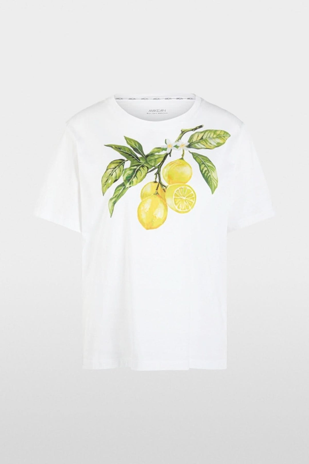 T-shirt imprimé citron en coton bio avec citrons, paillettes et perles sur fond blanc, coupe ample et manches courtes.