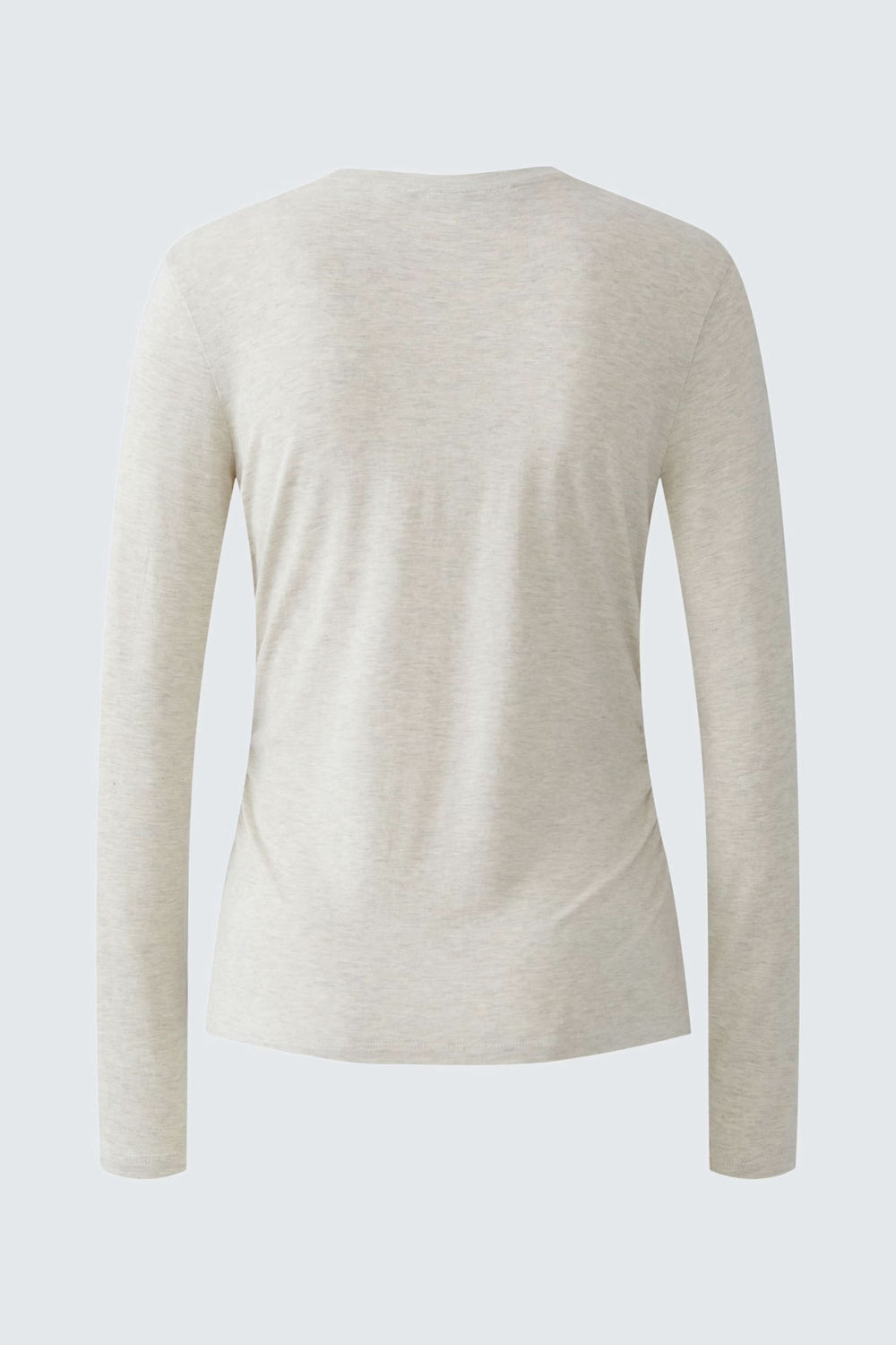 T-shirt manches longues beige vue arrière avec fronces latérales flatteuses.