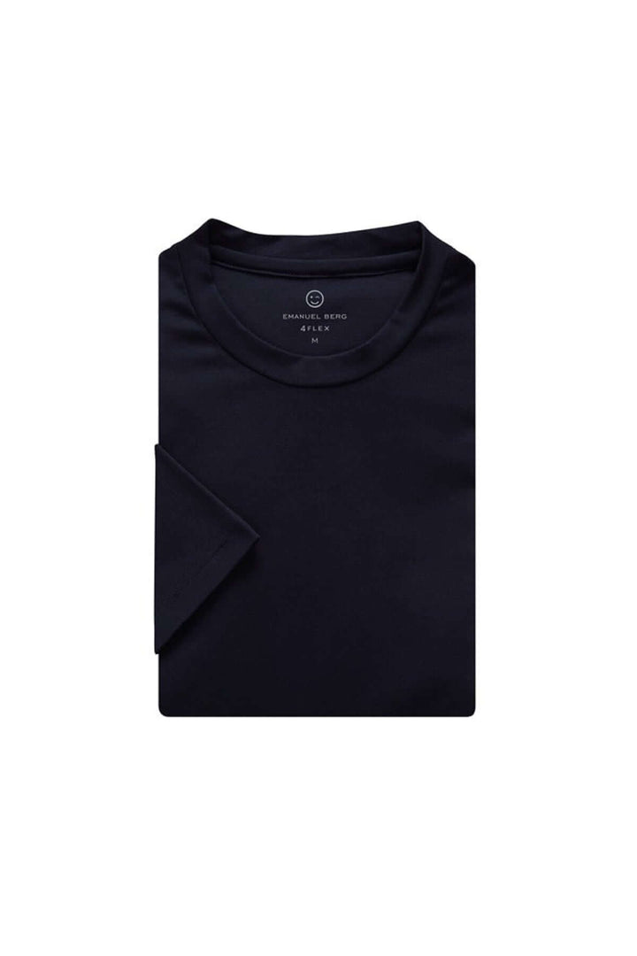 T-shirt uni à col rond en tissu 4Flex, bleu marine, offrant confort et liberté de mouvement, coupe ajustée.