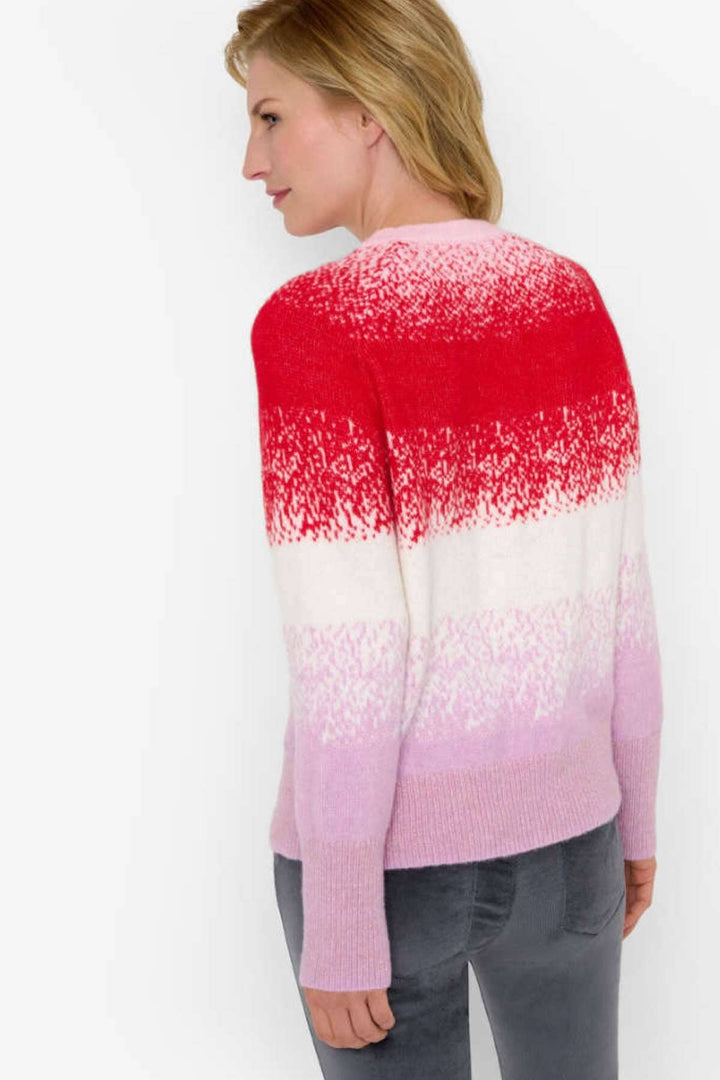 Pull en maille LIZ avec dégradé de couleurs rouge, rose et blanc, style décontracté et élégant.
