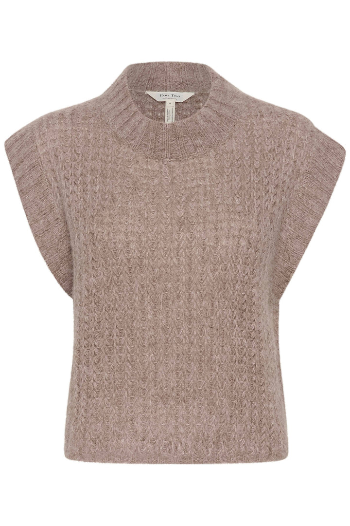 Tricot sans manches beige doux avec col rond, parfait pour les superpositions et un style intemporel.