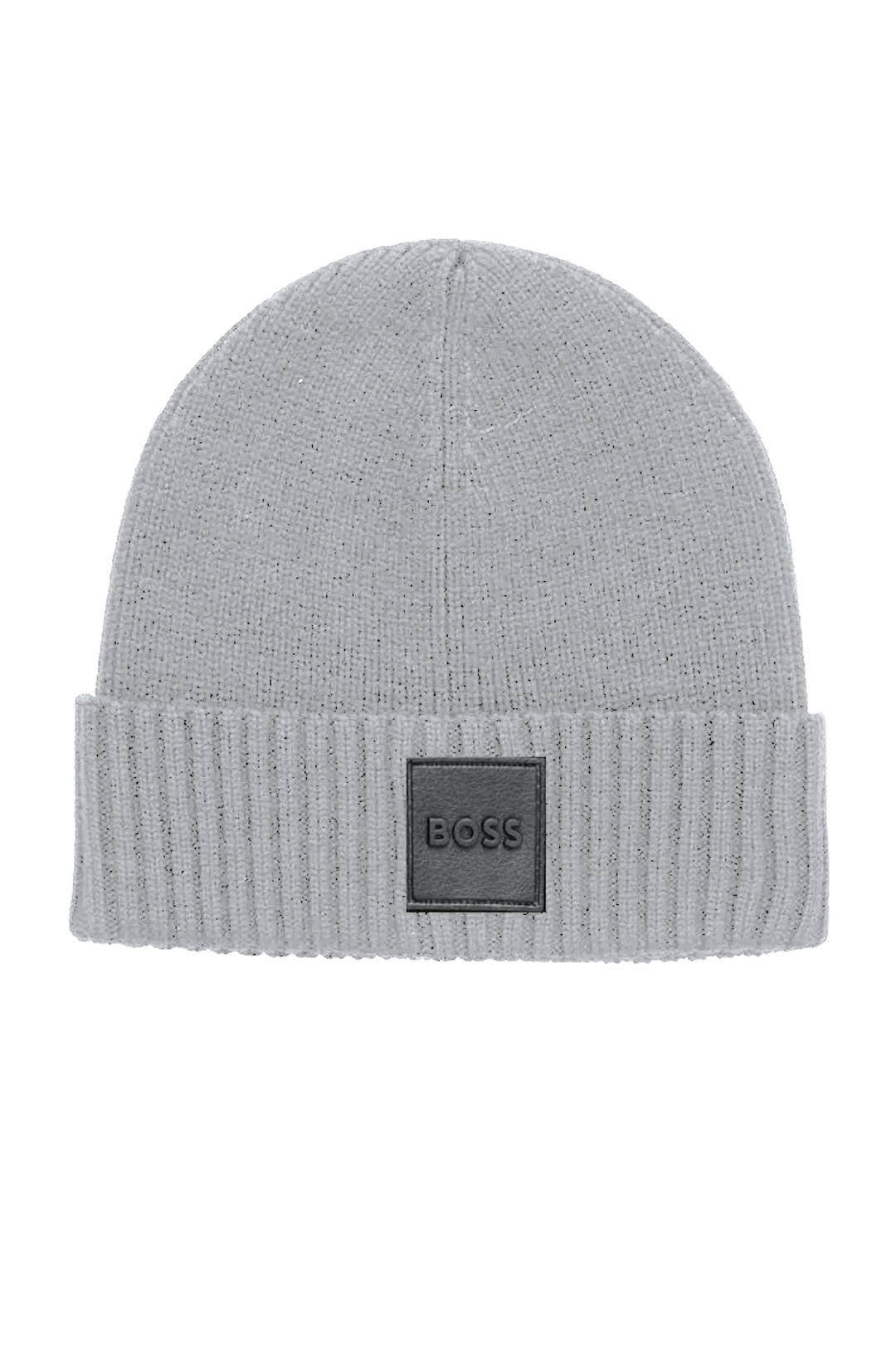 Bonnet en laine BOSS gris avec écusson en cuir synthétique et logo, design côtelé et élégant.