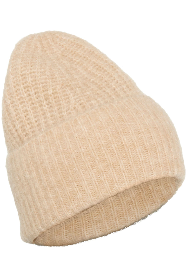 Tuque Sanja en tricot côtelé beige, moderne et décontractée, avec revers large ajustable pour un style urbain et hivernal.