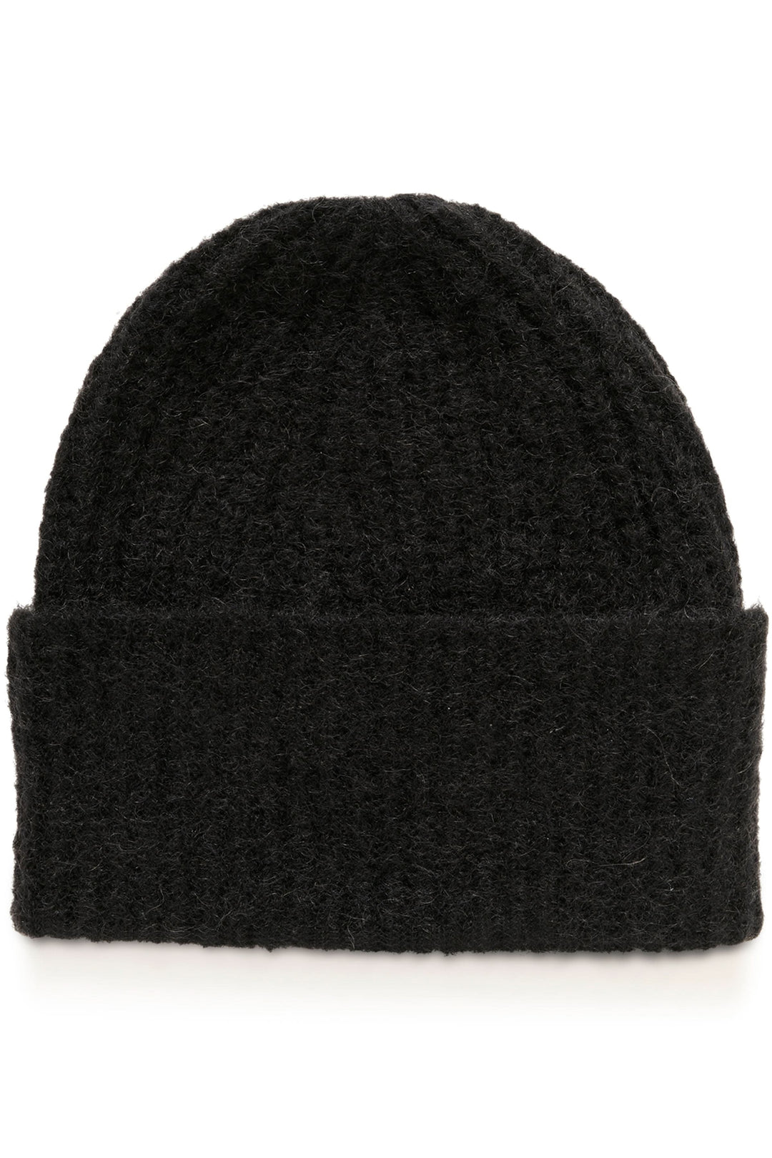 Tuque Sanja en tricot côtelé noir avec coupe moderne et extensible, idéal pour un look hivernal doux et urbain.