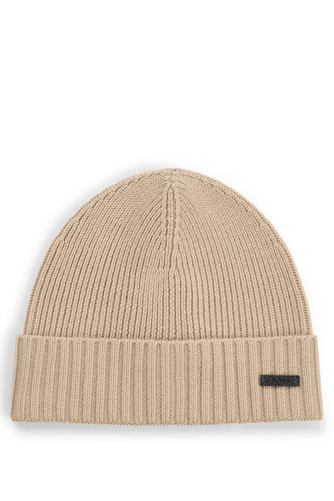 Tuque de laine beige avec étiquette logo en tissu synthétique de BOSS, tricotée en structure côtelée.