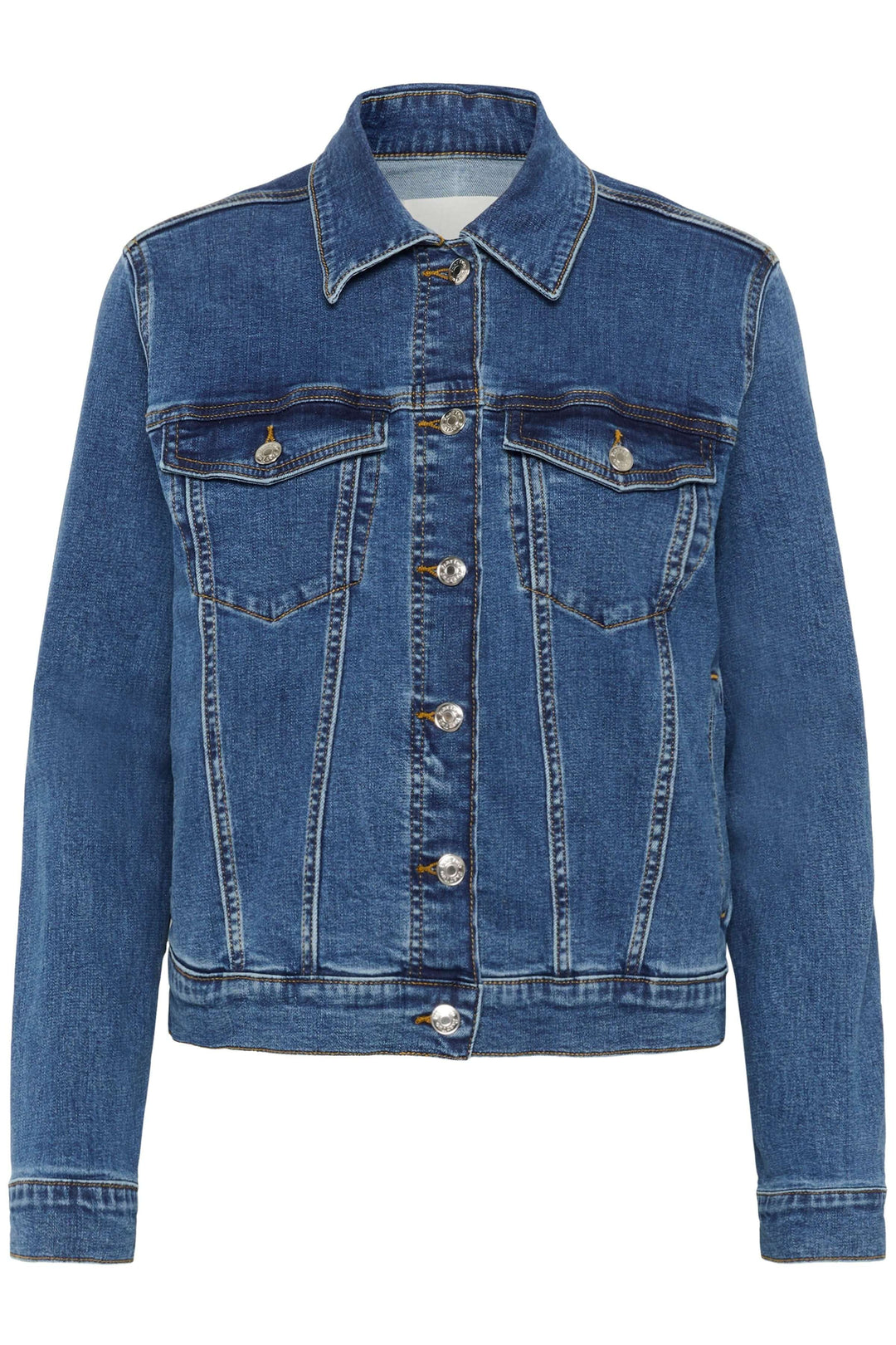 Veste en denim classique avec coupe droite, fermeture à boutons métalliques et poches avant, style intemporel.