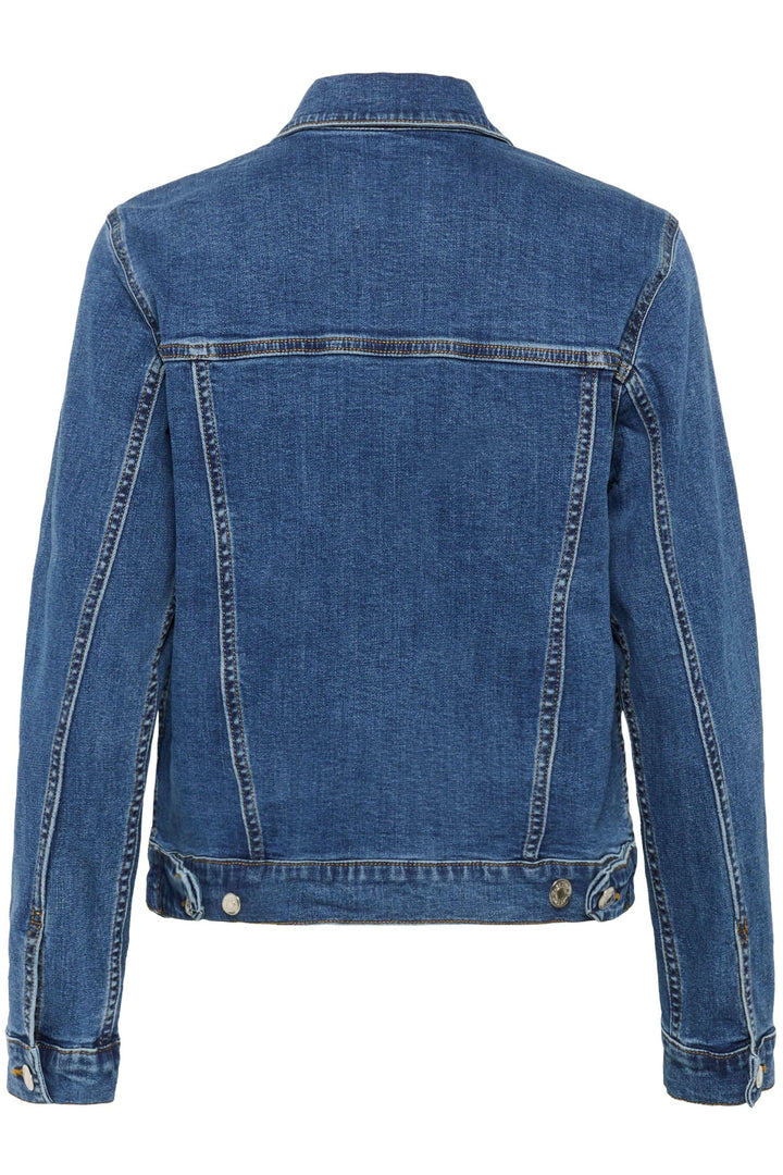 Veste en denim bleue à coupe droite, vue arrière avec finitions classiques et boutons métalliques.