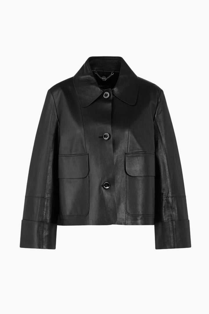 Veste coupe moderne en cuir véritable avec col classique et poches plaquées, design élégant et contemporain pour un look chic.