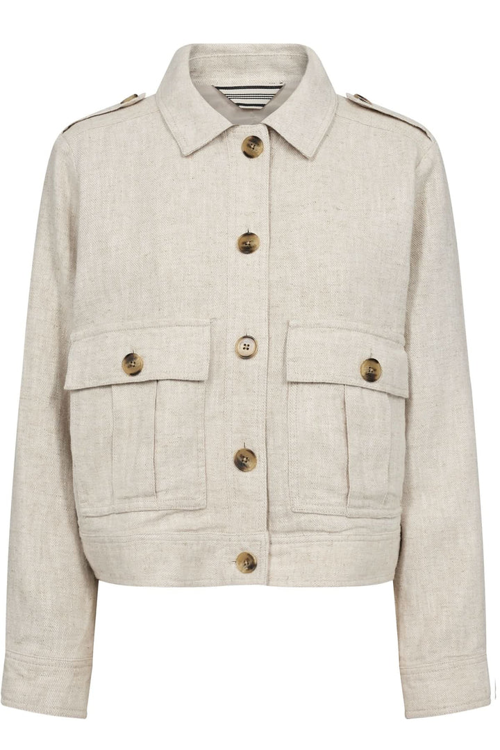 Veste courte Najah en lin beige avec manches longues, col chemise et poches avant élégantes.