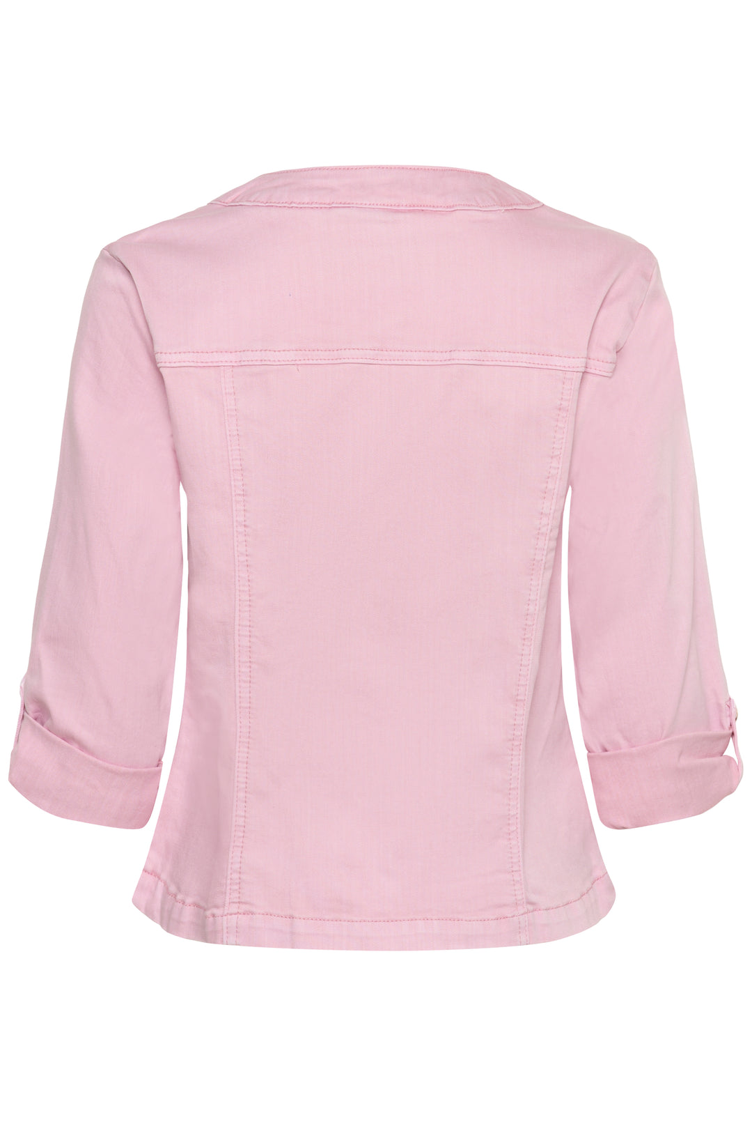 Vue arrière de la Veste en jean Visti rose, coupe ajustée avec manches pliées, pour un look féminin et actuel.