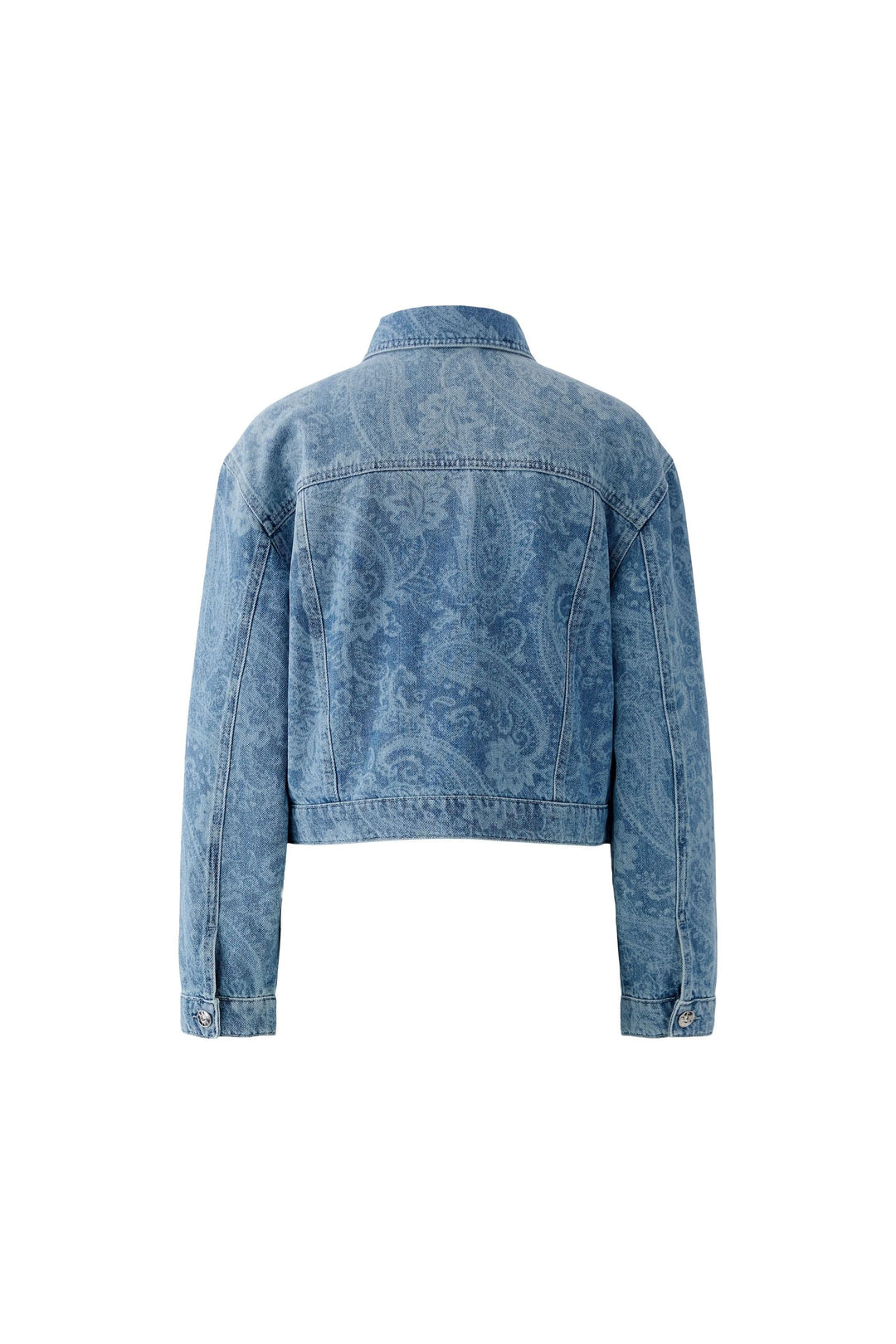 Veste en jean imprimée avec motif cachemire subtil et coupe légèrement raccourcie pour une allure moderne et intemporelle, vue de dos.