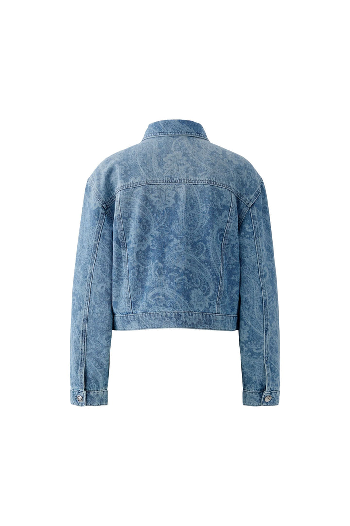 Veste en jean imprimée avec motif cachemire subtil et coupe légèrement raccourcie pour une allure moderne et intemporelle, vue de dos.