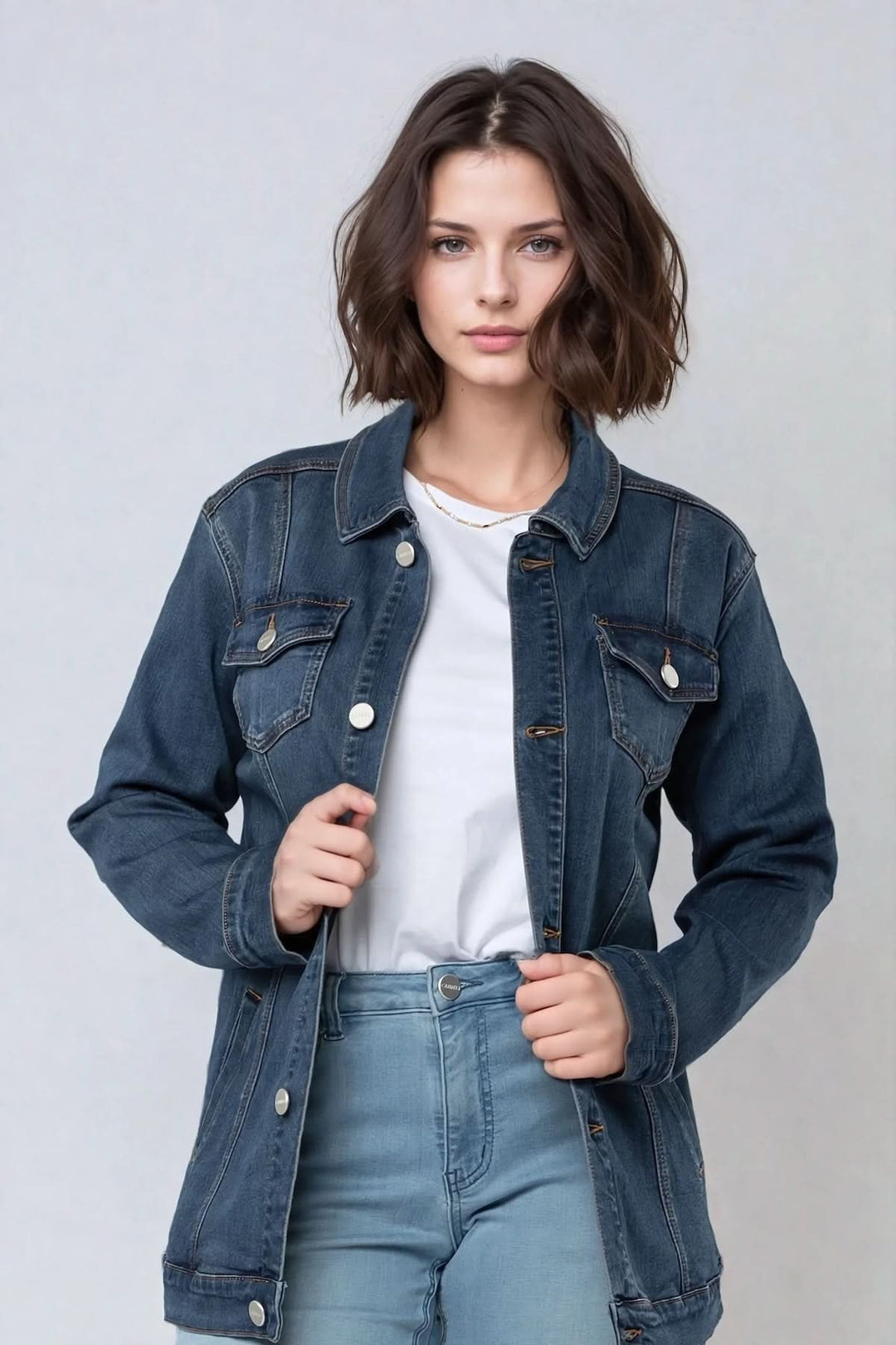Veste en jeans longue classique avec coupe droite affichée sur mannequin, idéal pour un look denim chic ou décontracté quotidien.