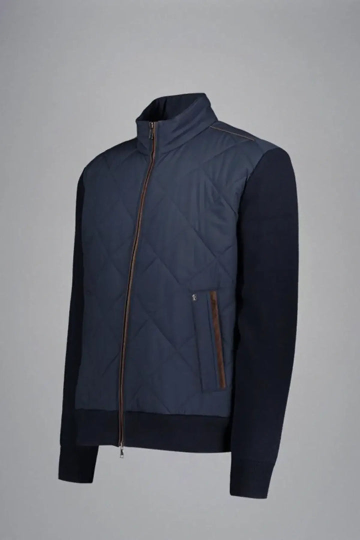 Veste en laine et nylon matelassée pour homme, design italien, fermeture zippée, détails cuir, élégance contemporaine.