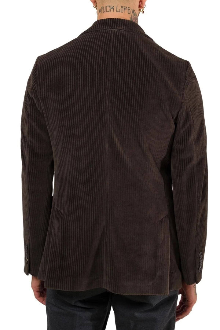 Veste en velours côtelé brun, vue arrière, élégant design avec poches et fermeture à deux boutons.