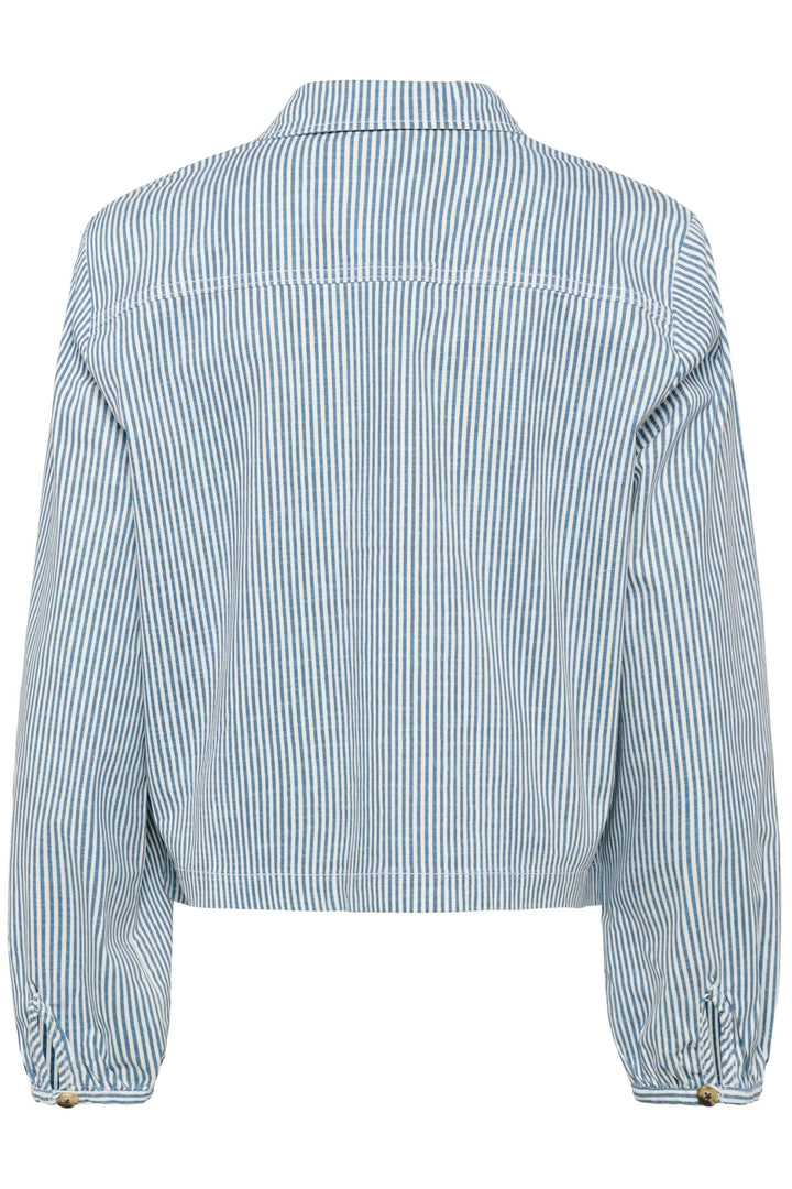 Veste légère rayée à boutons, coupe courte, manches longues, poches plaquées, col chemise, motif rayé élégant, vue de dos.
