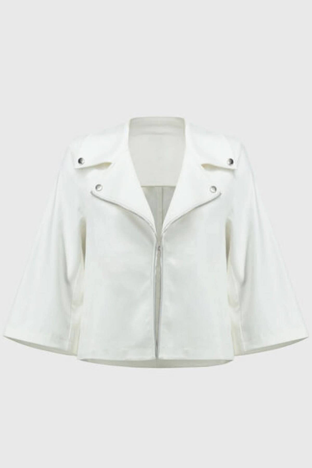Veste souple blanche avec fermeture éclair et manches 3/4, style élégant et décontracté.
