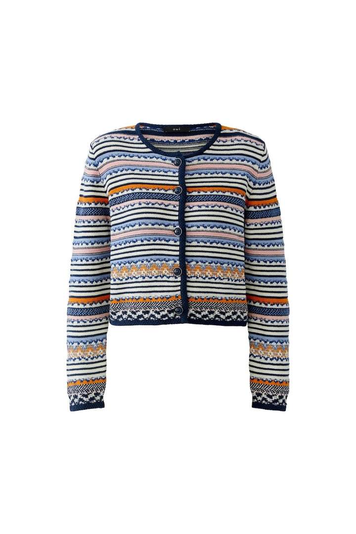 Veste tricot à motifs jacquard boutonnée élégante avec motifs raffinés et coupe ajustée, parfaite pour superposition et style unique.