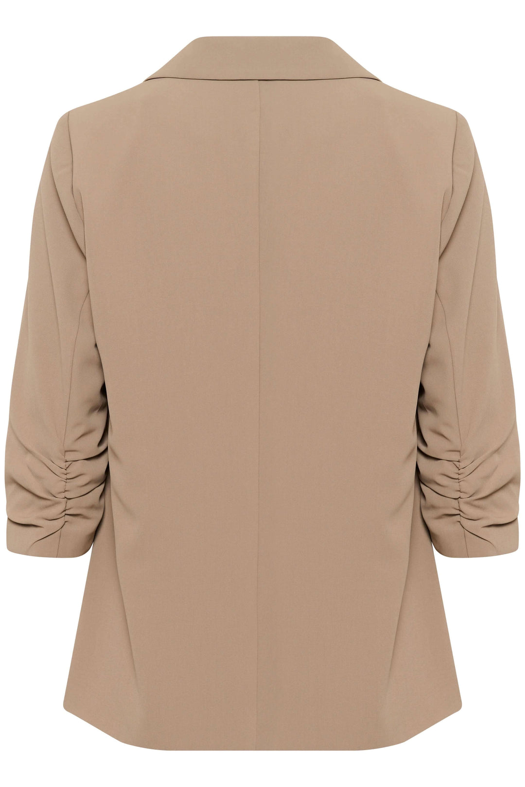 Veston à la coupe décontractée, avec col tailleur, manches froncées et tissu souple, vue arrière.
