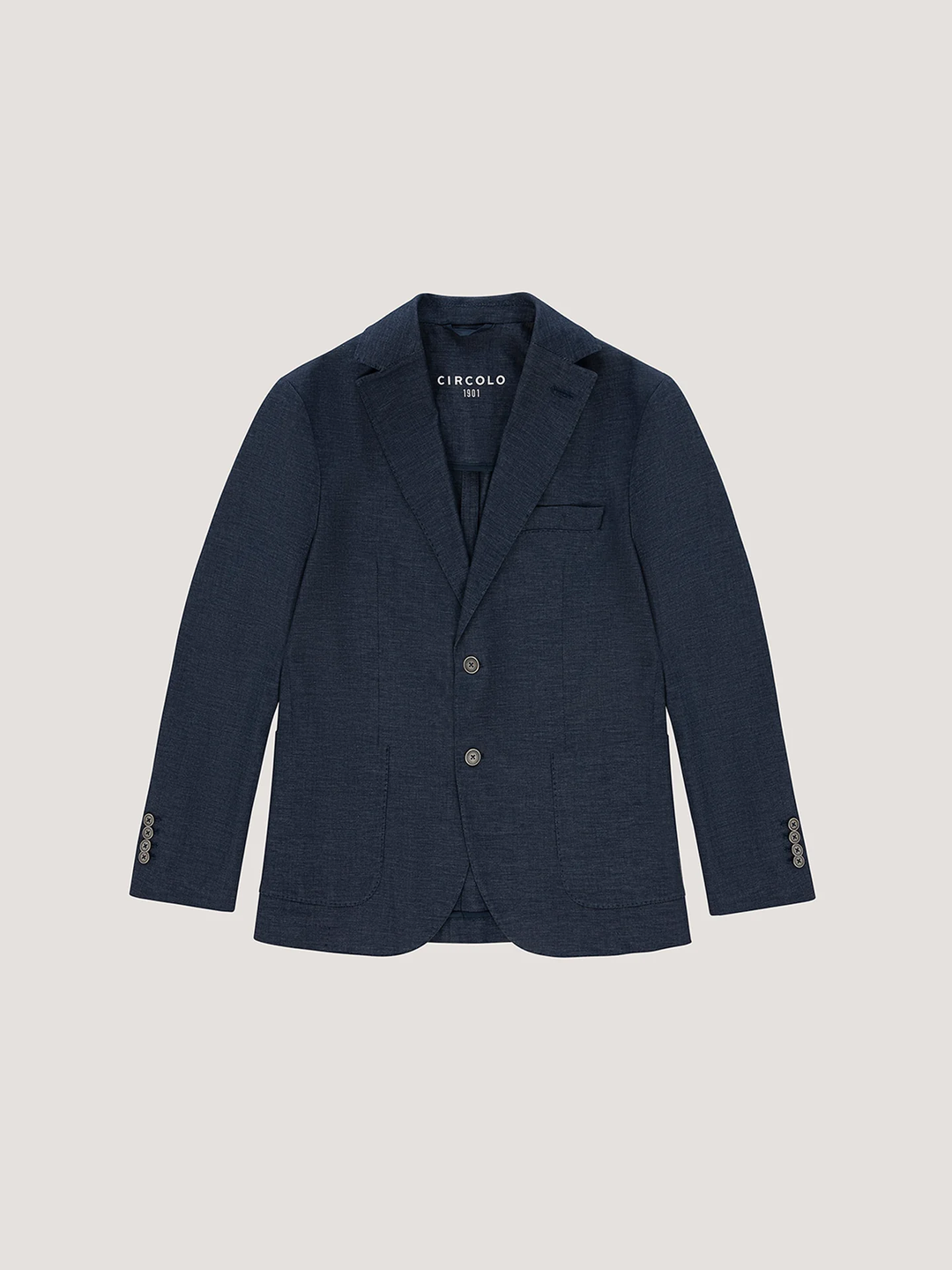 Veston en coton et lin extensible bleu foncé avec revers classique et poches. Idéal pour une allure élégante au bureau ou décontractée.