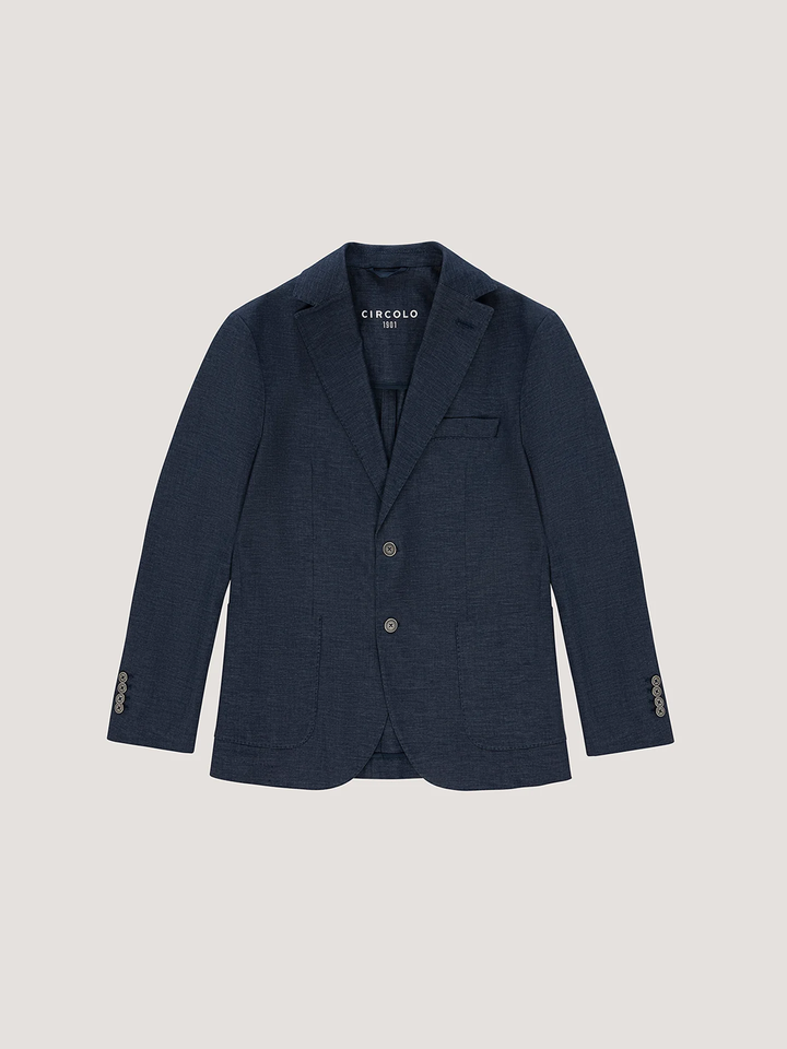 Veston en coton et lin extensible bleu foncé avec revers classique et poches. Idéal pour une allure élégante au bureau ou décontractée.