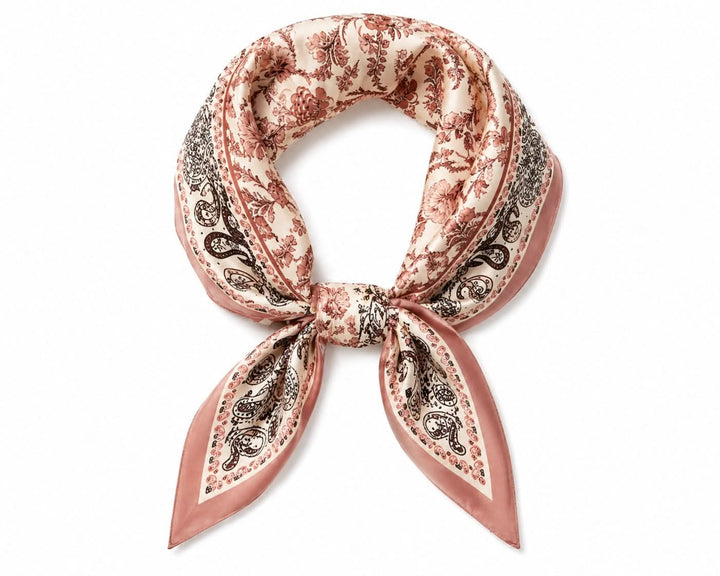 Foulard carré imprimé avec motifs floraux et décoratifs, élégant et soyeux, dimensions 53x53 cm, idéal pour cou, cheveux ou sac.