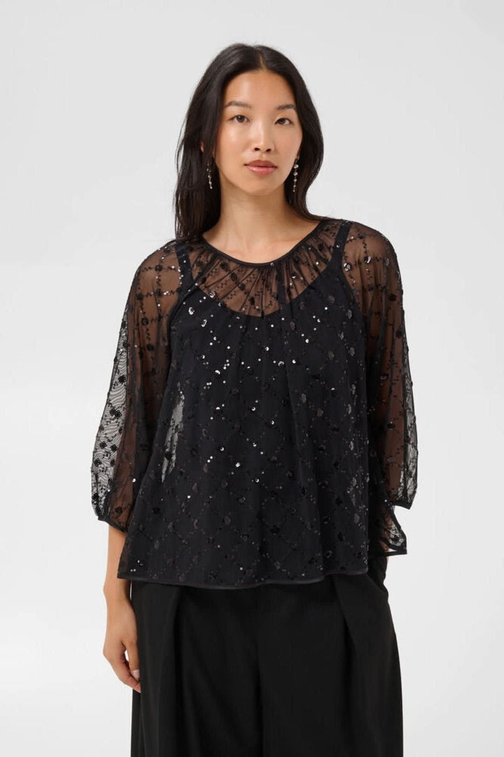 Blouse Dimka noire en dentelle à sequins vue de face pour femme Part Two