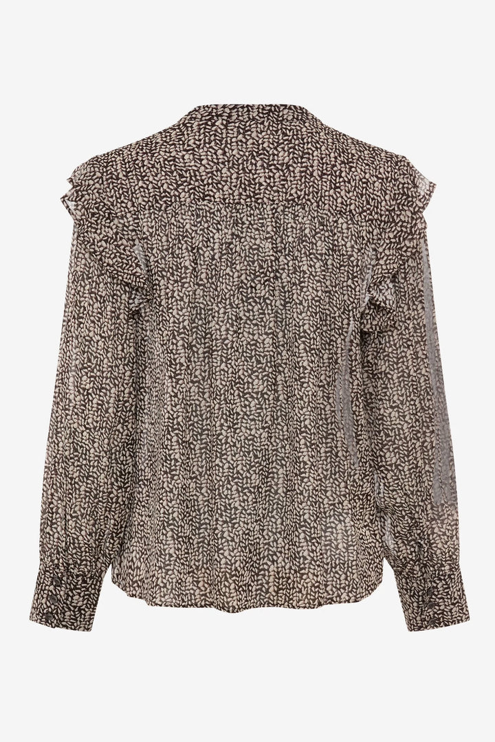 Blouse violette imprimée à volants vue de face pour femme Brax