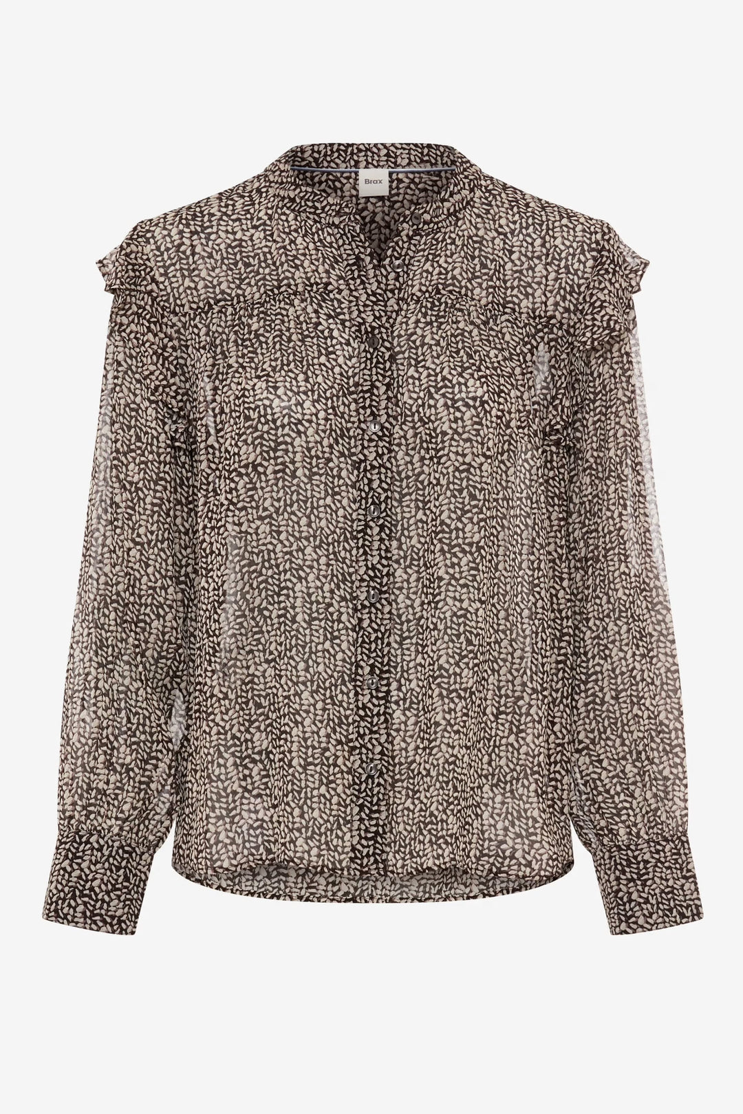 Blouse violette imprimée à volants vue de face pour femme Brax