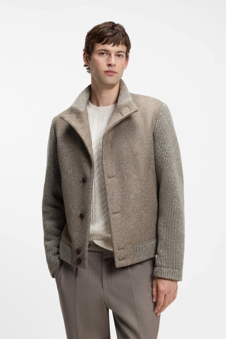 Blouson hybride noir à col montant et devant matelassé vue de face pour homme Hugo Boss
