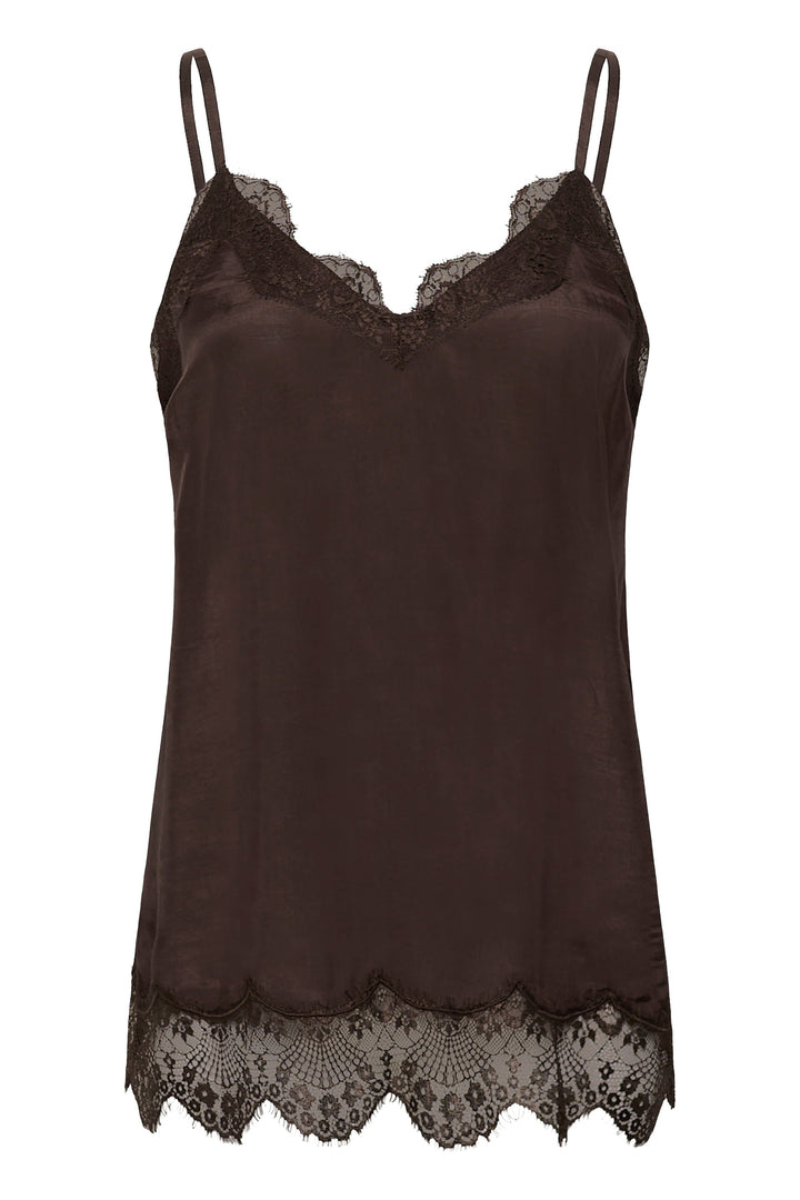 Vue de face camisole Triniti satinée avec dentelle Cream pour femme rose - Valérie Simon