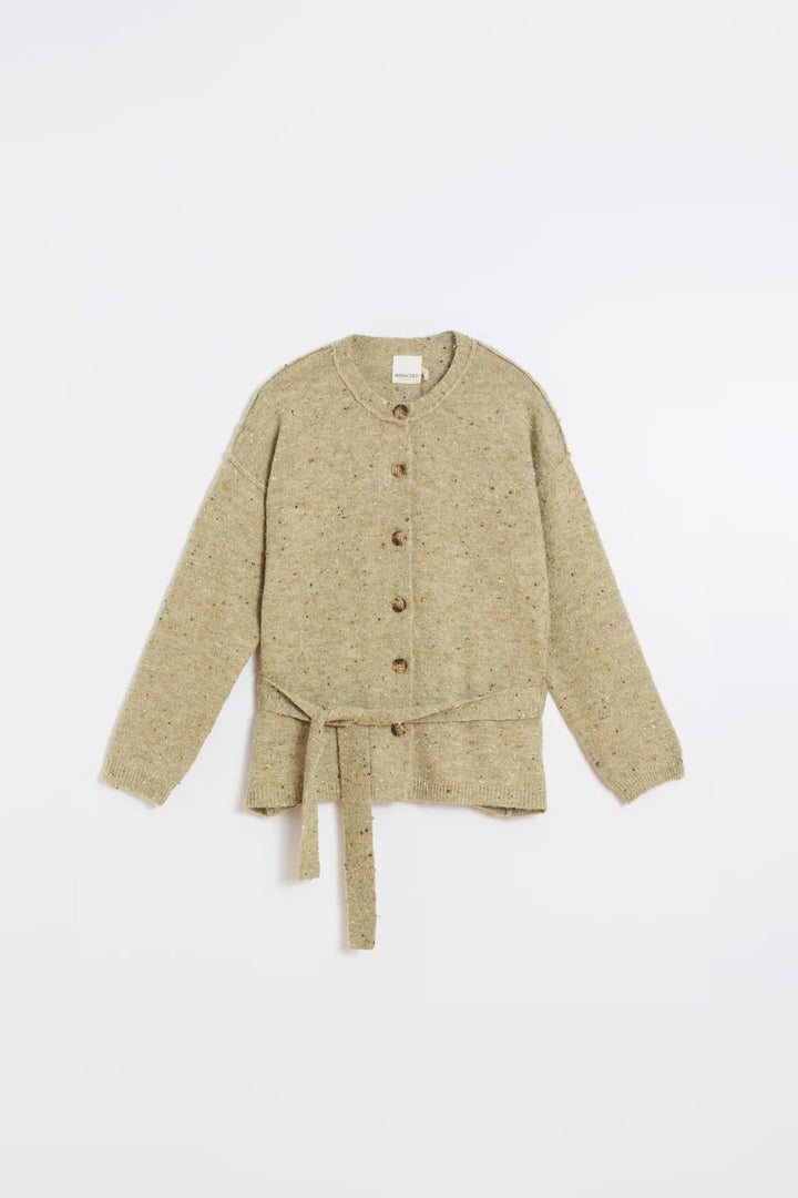 Cardigan en tricot moucheté avec ceinture à nouer vue de face pour femme Indi &amp; cold