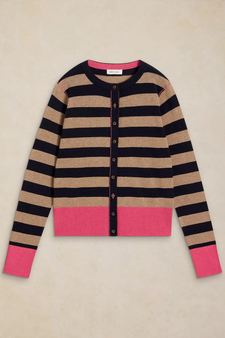 Vue de face cardigan White Stuff pour femme rayé multicolore avec détails contrastants - Valérie Simon