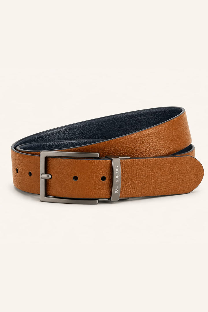 Vue de détail ceinture réversible cuir grainé Paul and Shark marron avec boucle argentée - Valérie Simon