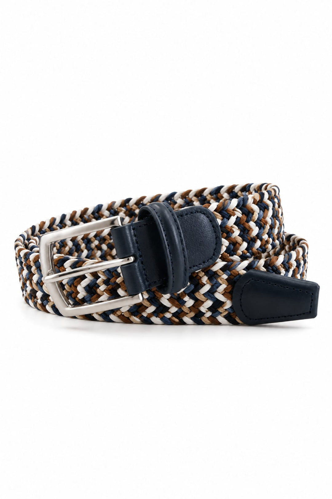 Side view of Anderson’s brown stretch braided belt with silver buckle for men - Valérie Simon