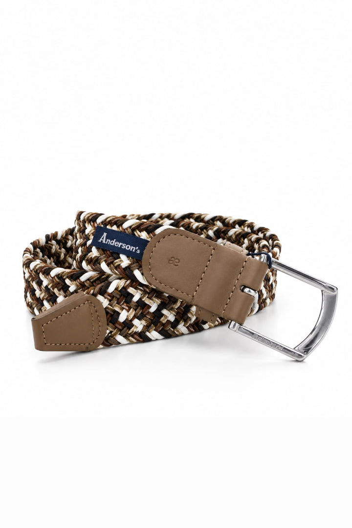 Close-up of a brown stretch braided belt with a silver buckle for men by Anderson&